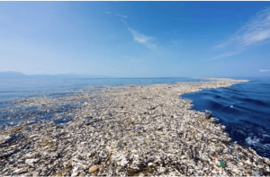image of large mass of garbage floating on the ocean. Known as the Vortex